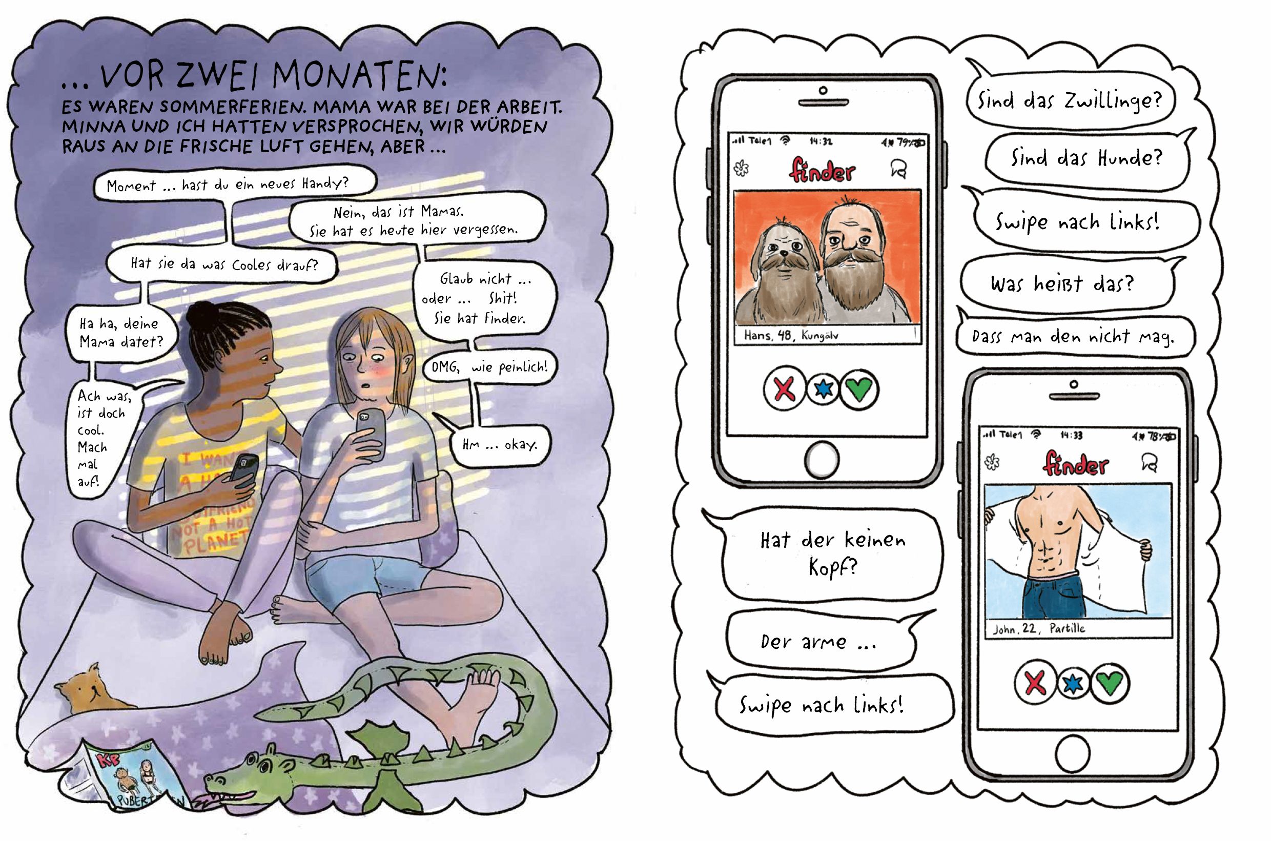 Der süßeste Bruder der Welt und andere Irrtümer comic, illustration, zwei frauen, handy, übernachtungsgespräch