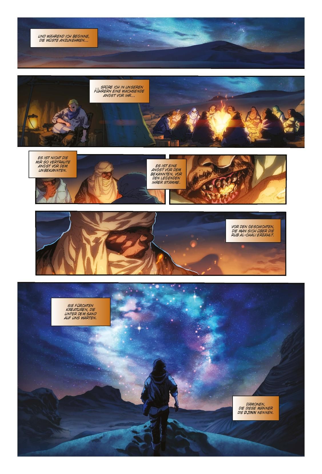 Comic‑Panels, Wüstenlager, Nacht Himmel, Silhouette Figur, Sterne