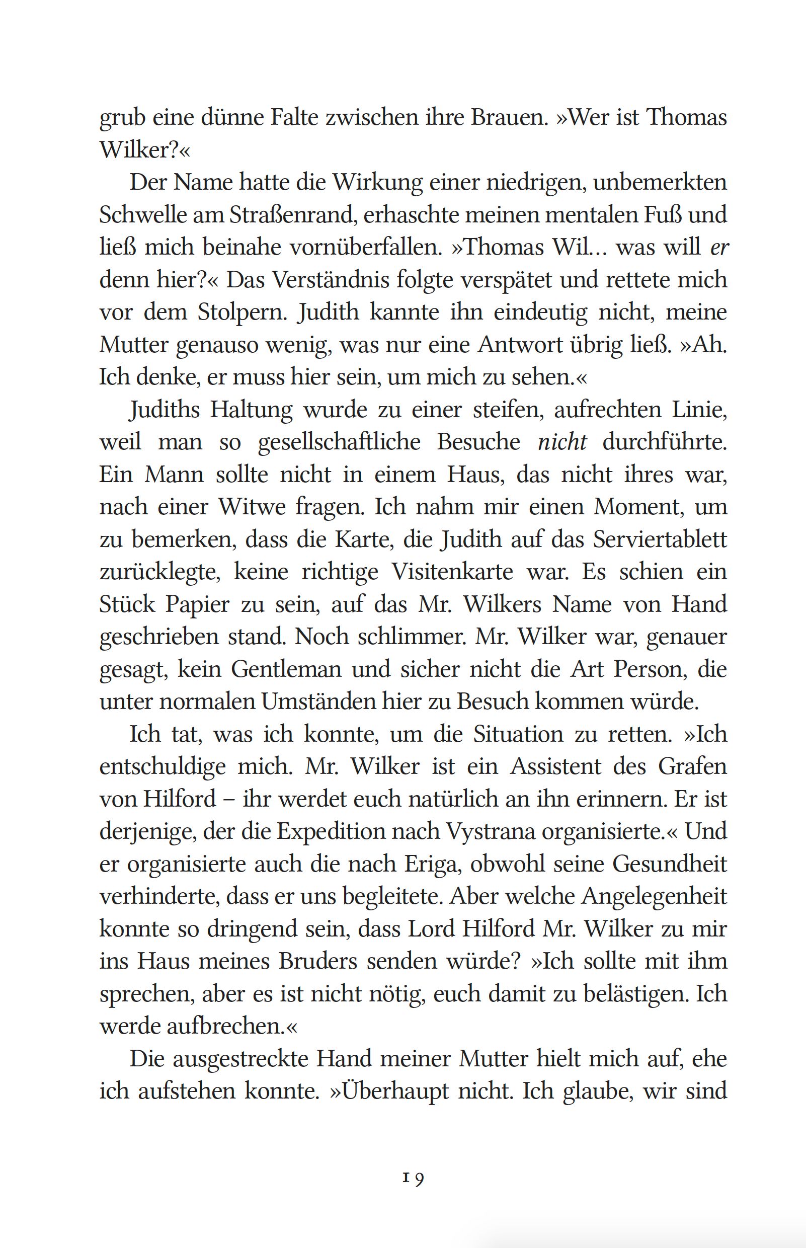 Lady Trents Memoiren Bd.2: Der Wendekreis der Schlangen Buchseite, Textblock, Deutsch, Seite 19, Schriftbild