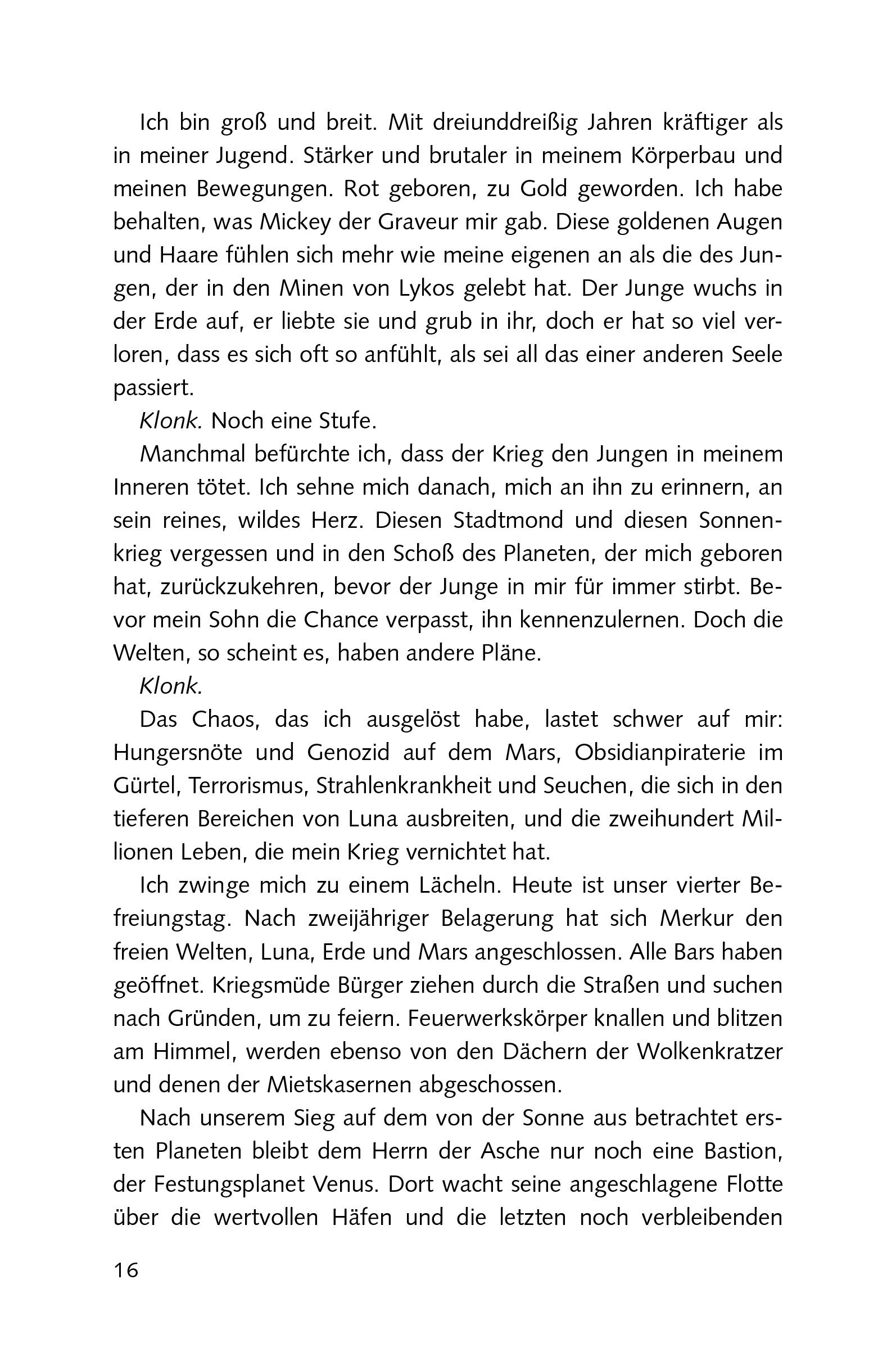 Red Rising: Asche zu Asche Textseite, Deutscher Text, Buchsseite, Absätze, Seitenzahlen 16