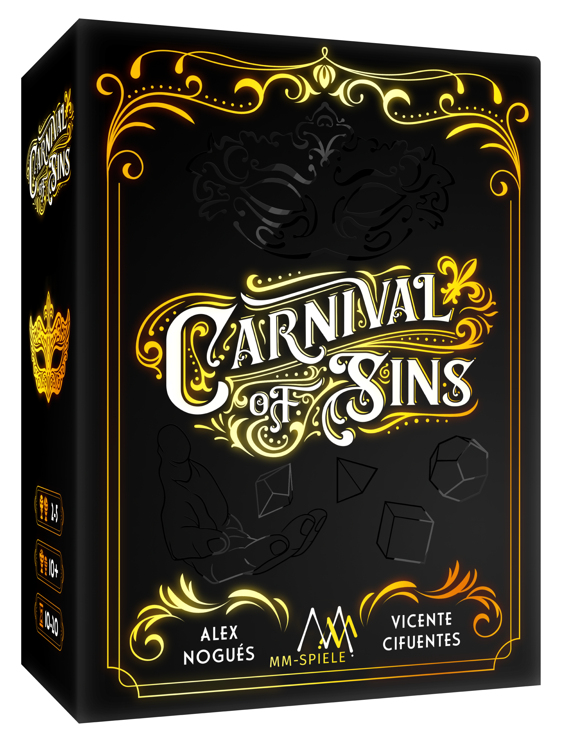 Carnival of Sins Brettspiel, Zauberspiel, schwarze Verpackung, goldene Verzierungen, Maskenmotiv