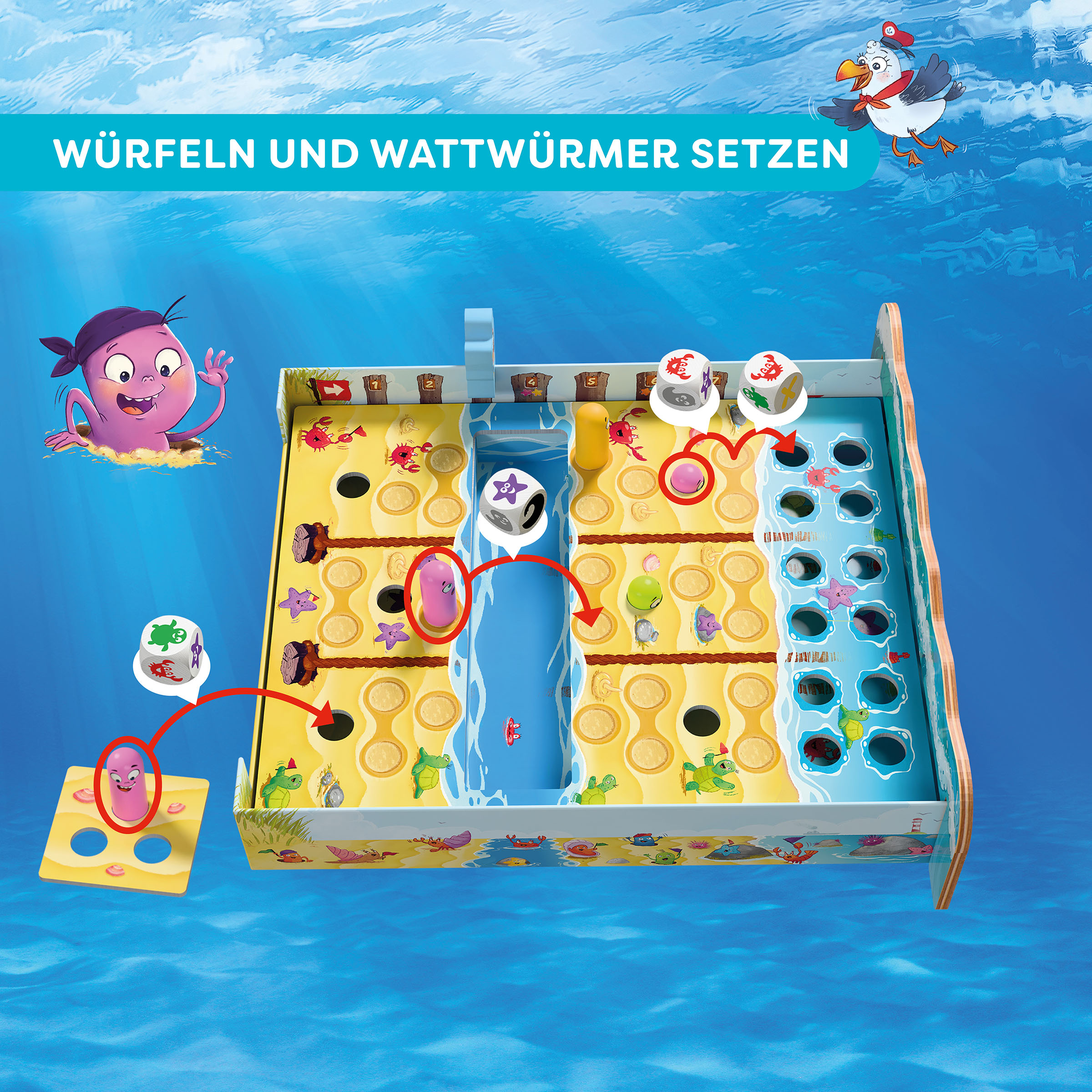 Watt geht ab?! Würfelspiel, Spielebox, Wattwürmer, Unterwasser, Piratenfiguren