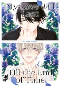 Manga, Coverkunst, zwei Charaktere, Blumen, blaue Blätter