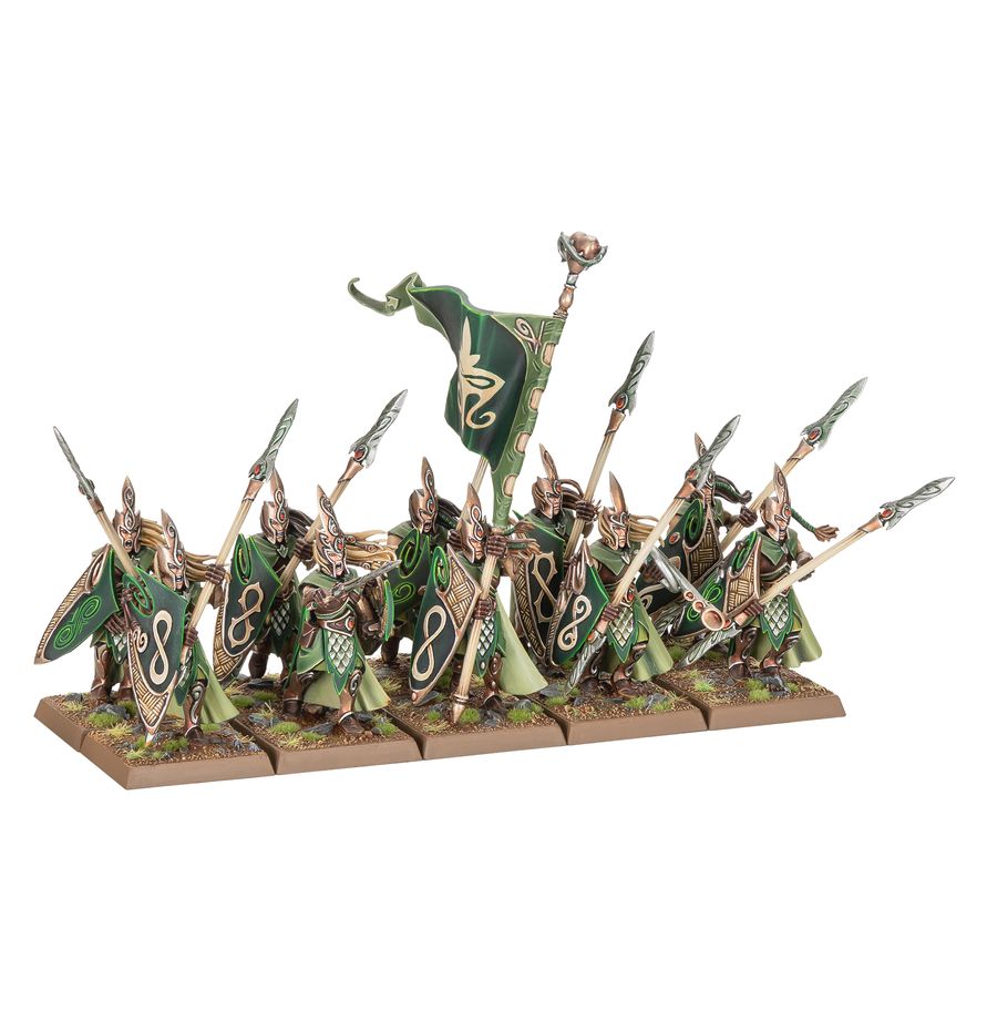 Warhammer: The Old World Wood Elf Realms - Battle March Army elfenarmee, metallfiguren, grüne-farben, speere, banner