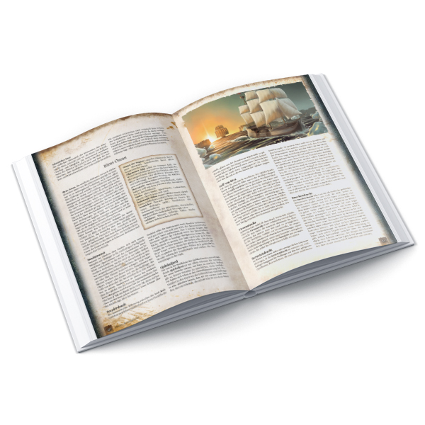 DSA: 5.Edition Unergründliche Meere offenes Buch, Buchseiten, Textseite, Bildungsbuch, Reise-/Geschichtsbuch
