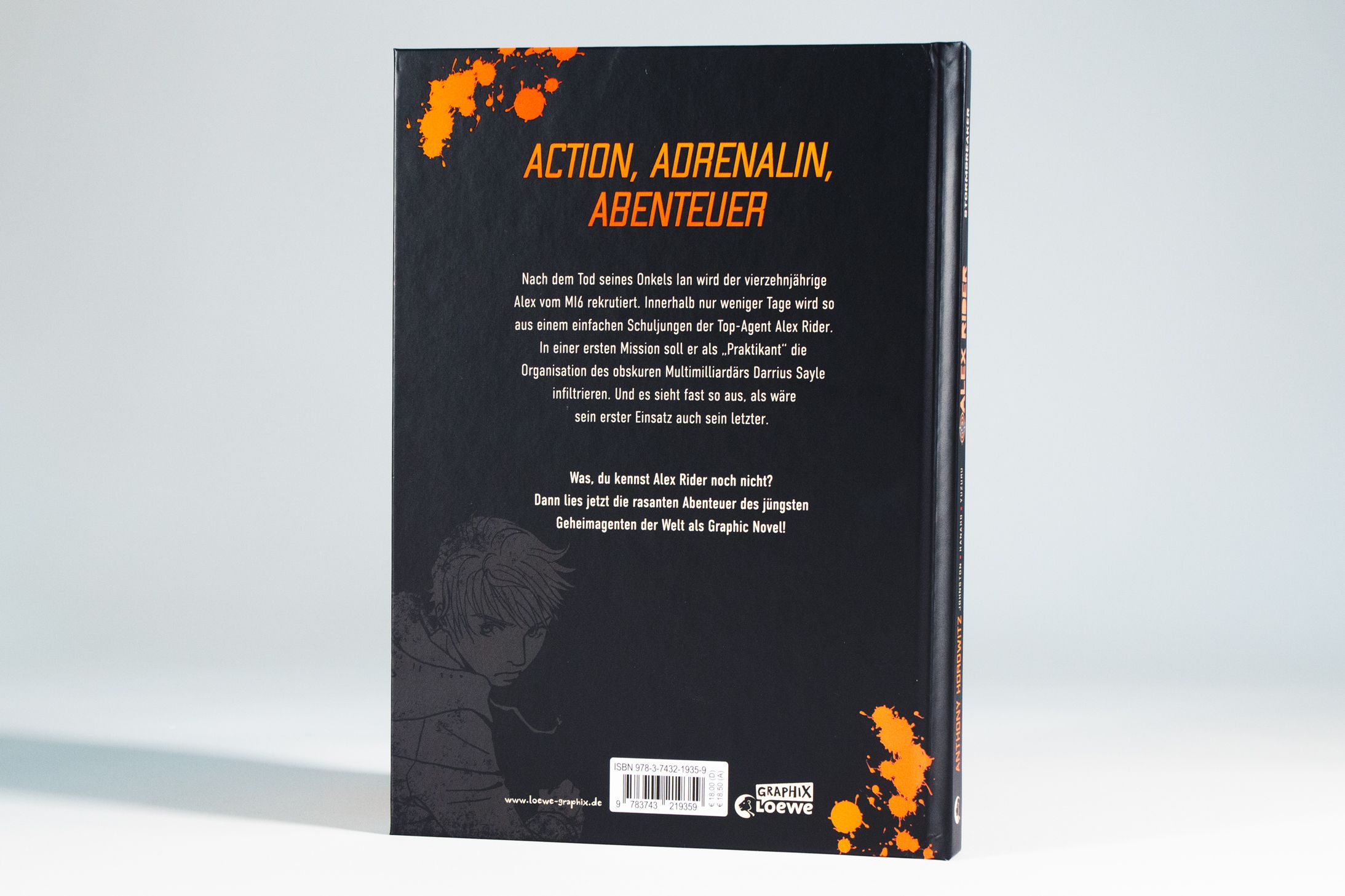 Alex Rider Bd.1: Stormbreaker Buchrücken, Graphic Novel, Schwarz, Orangene Akzente, Illustration