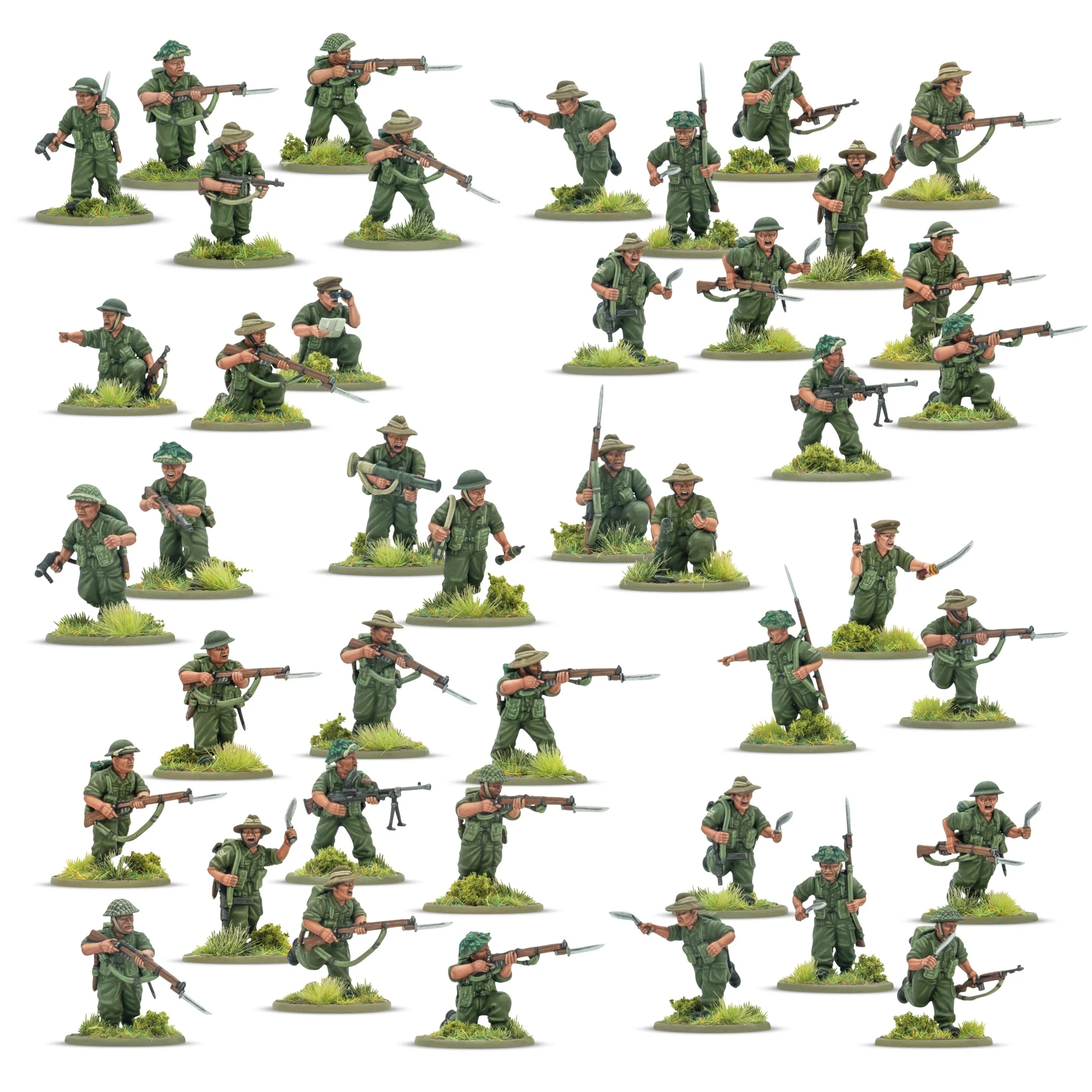 military figures, soldier miniatures, green uniform, rifle, base grass