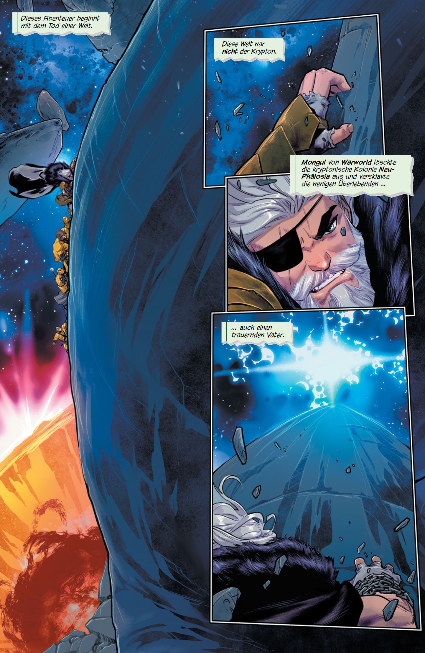 Comic Panel, Weltraumszene, Alter Mann, Augenklappe, Blaues Energie