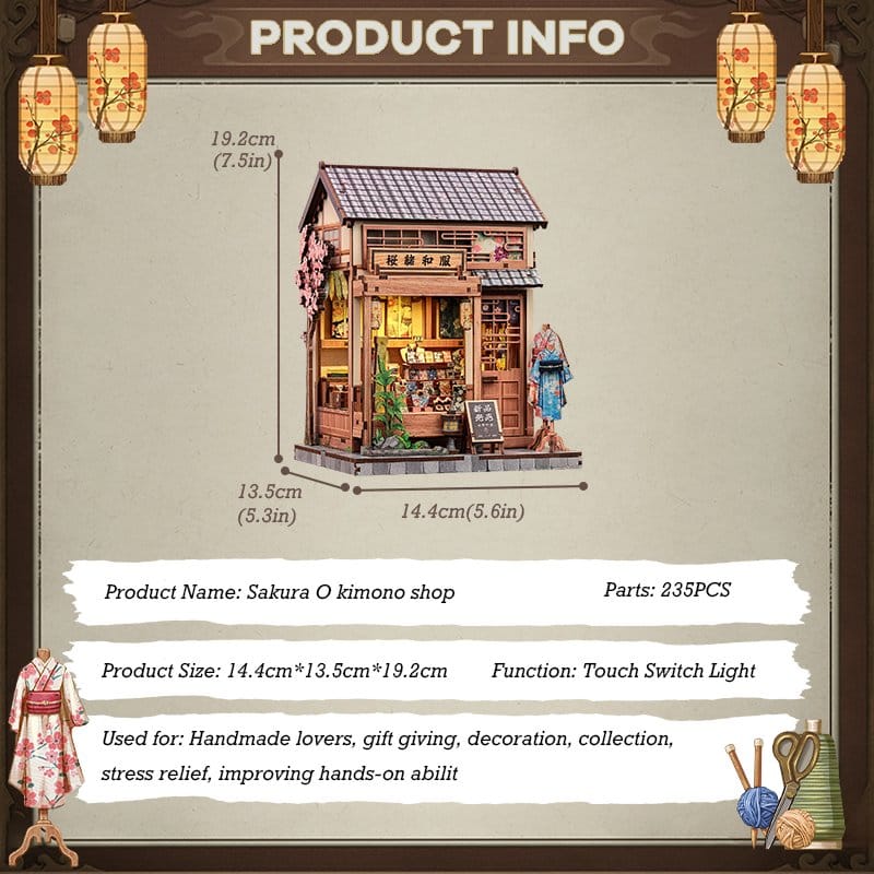 Kimono shop, Sakura, Miniature, Wooden shop, Handmade decor
