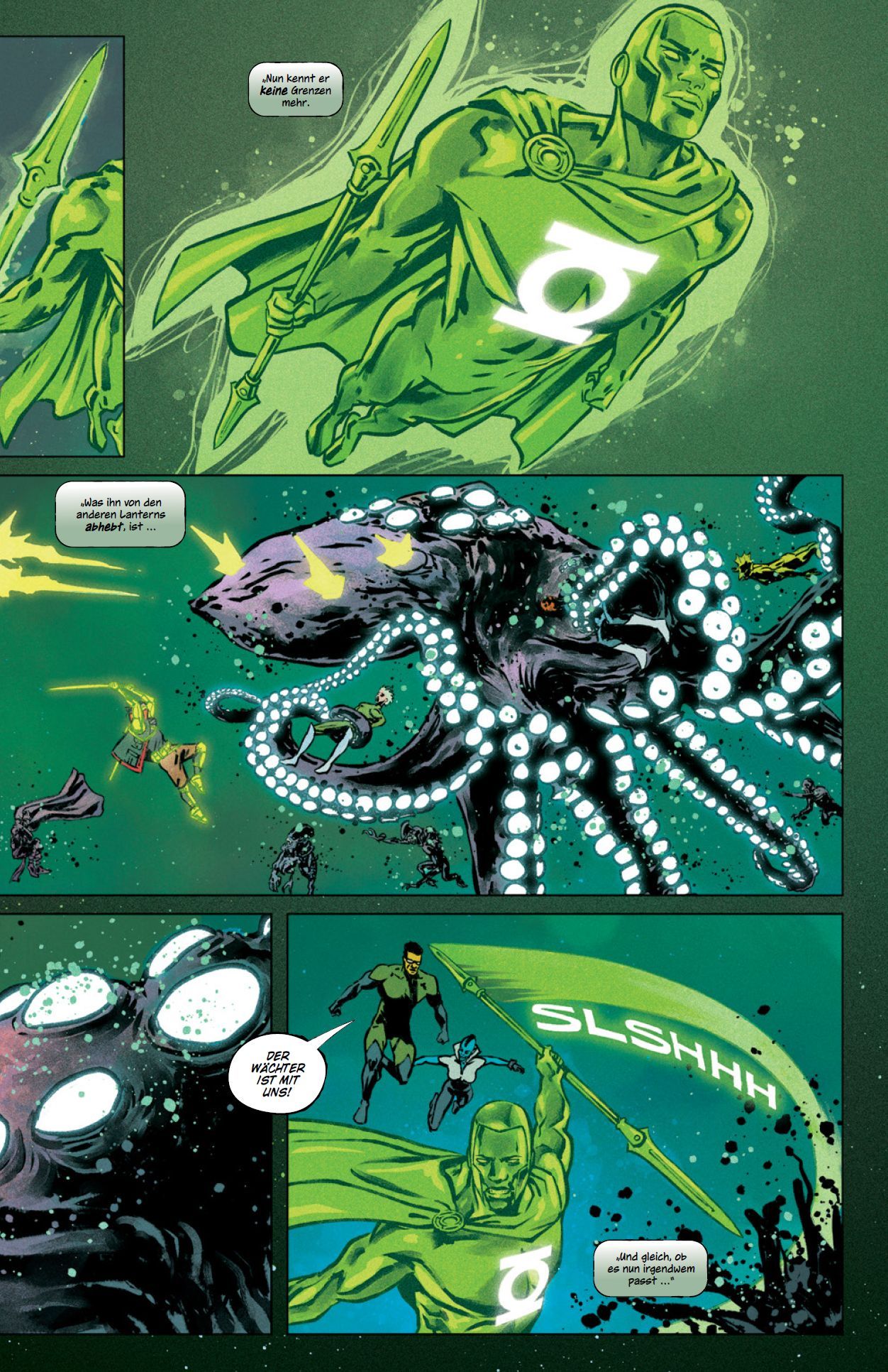 Dark Crisis Sonderband Bd.1: Welten ohne Justice League Grüner Umhang, Leuchtendes Emblem, Schwert, Tentakelmonster, Comic-Panel