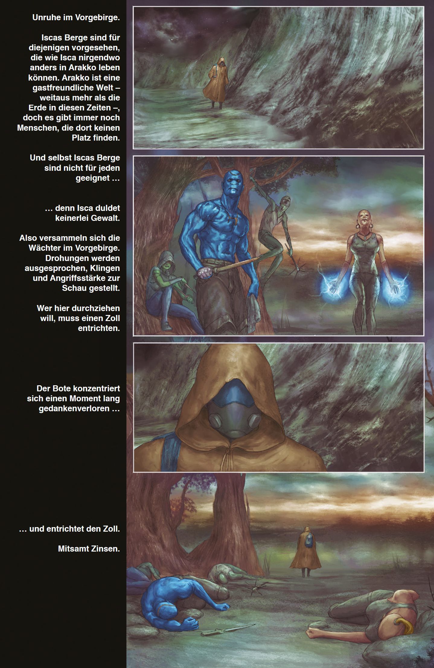 fantasy scene, blue humanoid, hooded figure, stormy landscape, crystal magic