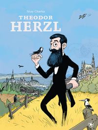 Theodor Herzl illustration, Mann mit Bart, blauer Himmel, Vogel, Landschaft