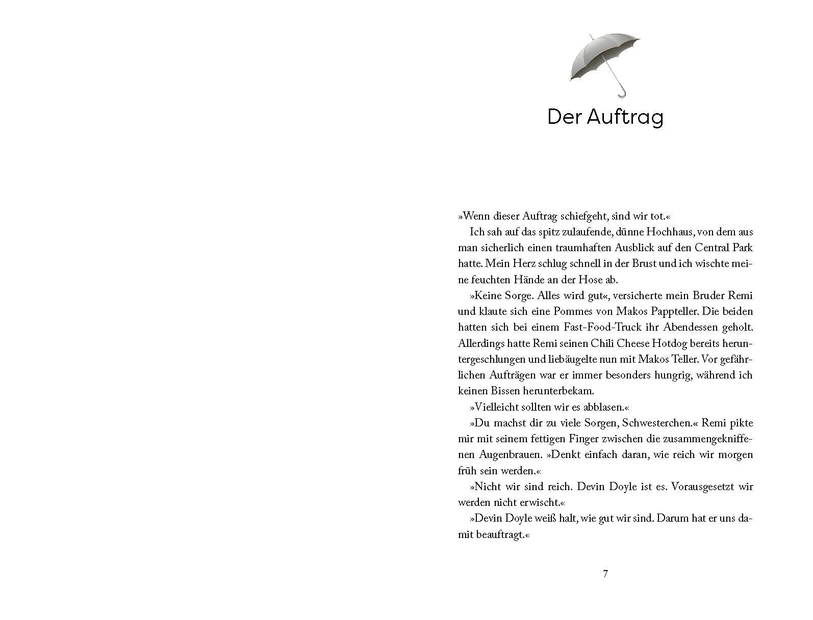 Regenschirm, Auftrag, Textseite, Buchseite, Absatzlayout