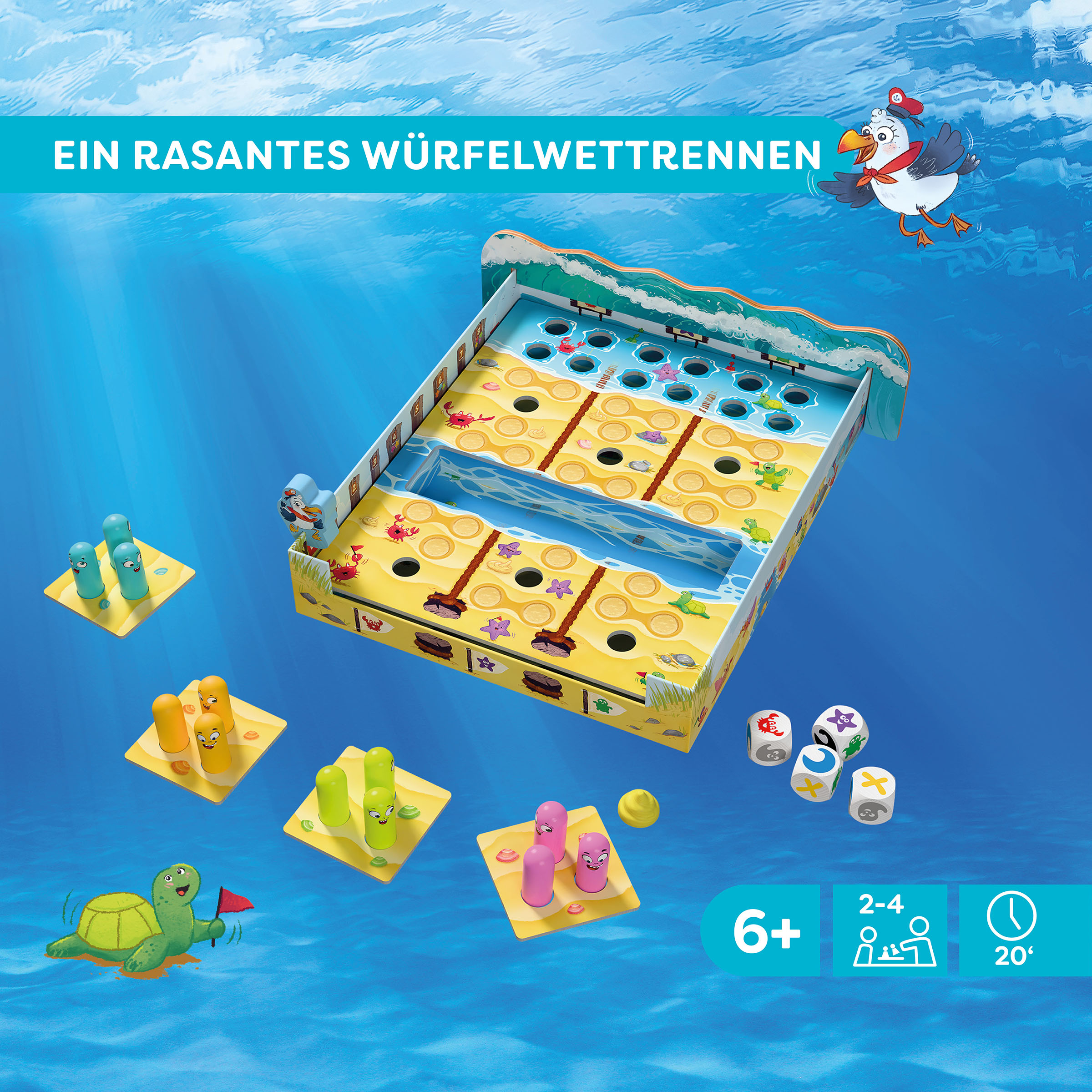 Würfelspiel, Unterwasserwelt, Spielbrett, Spielfiguren, Würfelkarten