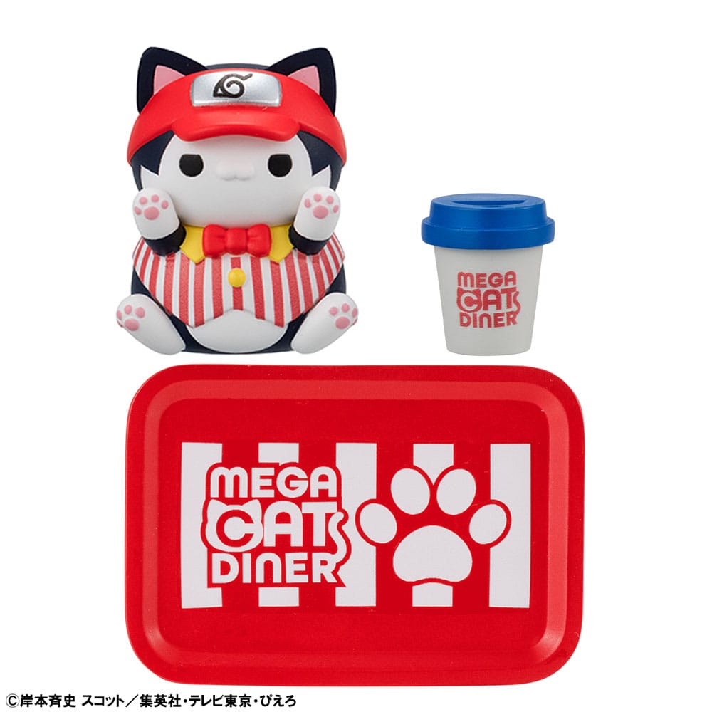 Naruto PVC: Sammelfiguren Mega Cat Diner Nyaruto 3cm Kawaii Figurine, Cat figure, red bowtie, to-go cup, tray set