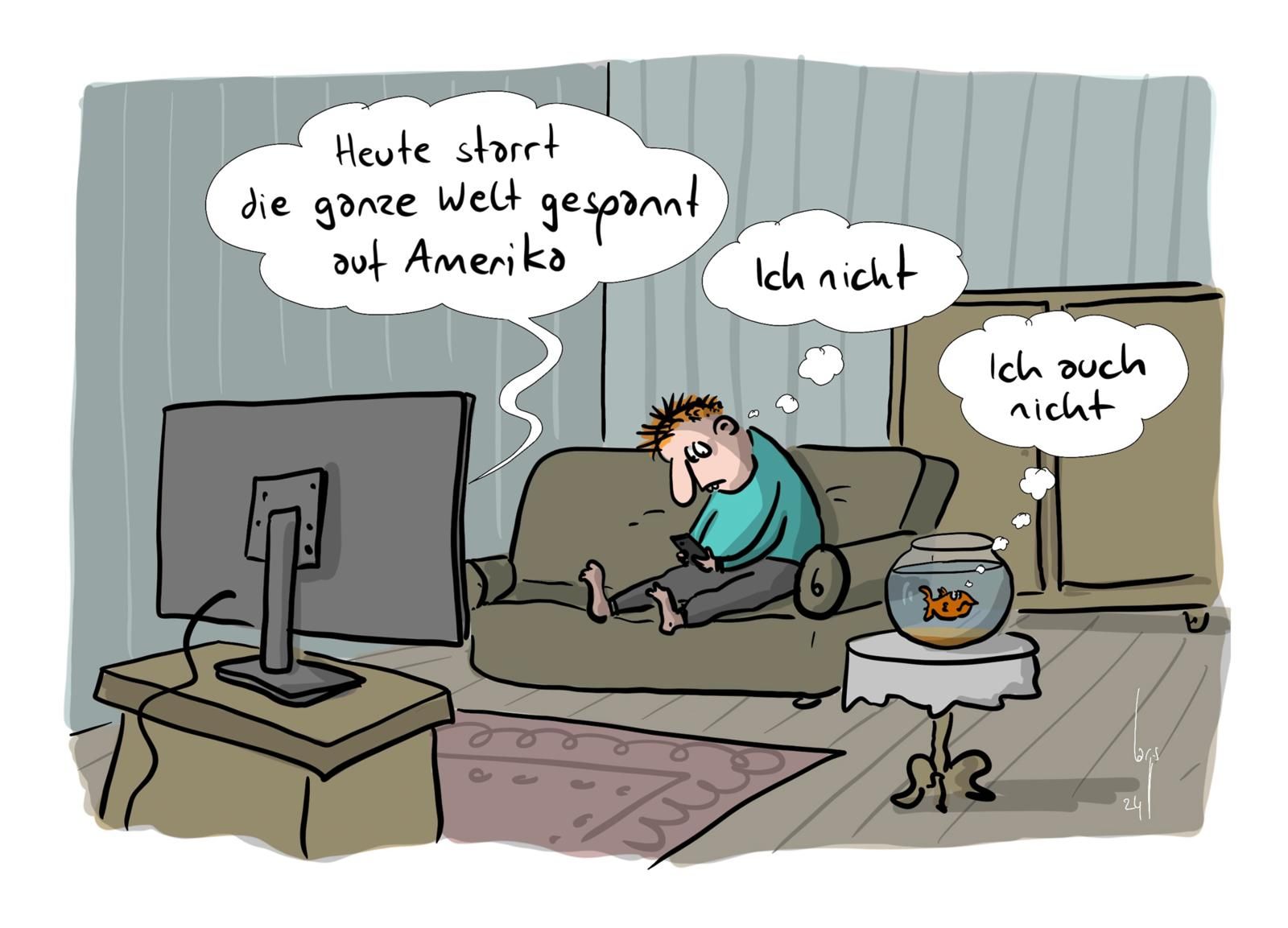 Beste Bilder 15: Die Cartoons des Jahres 2024 comic, cartoon, wohnzimmer, goldfischglas, person auf couch