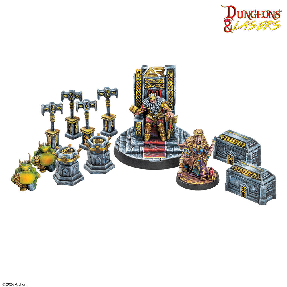 Fantasy-Miniaturenset, Zwergenthron, Spielzeug-Truhen, Steinterrain, Goldene Verzierungen