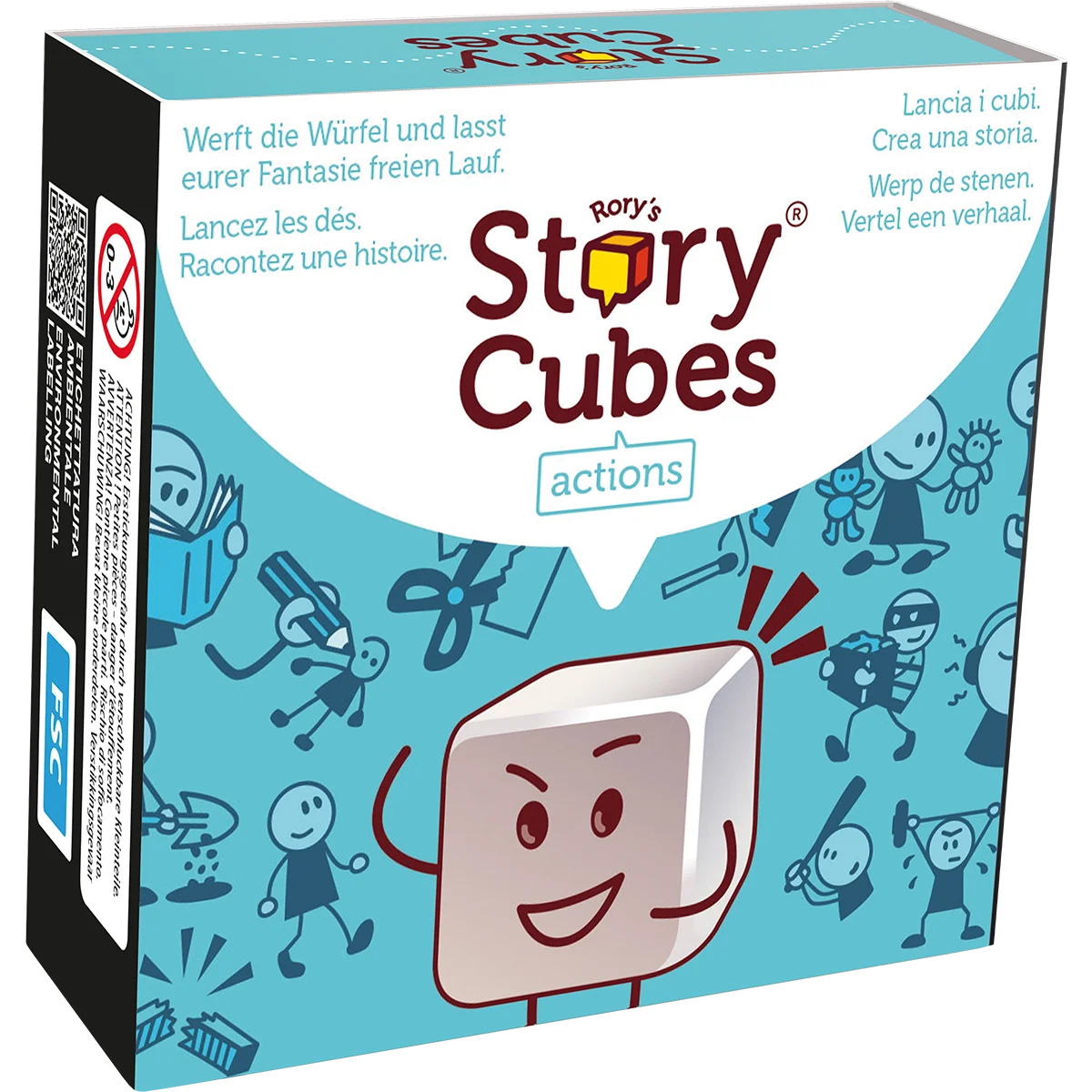 Story Cubes, Aktionen, Würfelspiel, blaue Box, Cartoonfigur