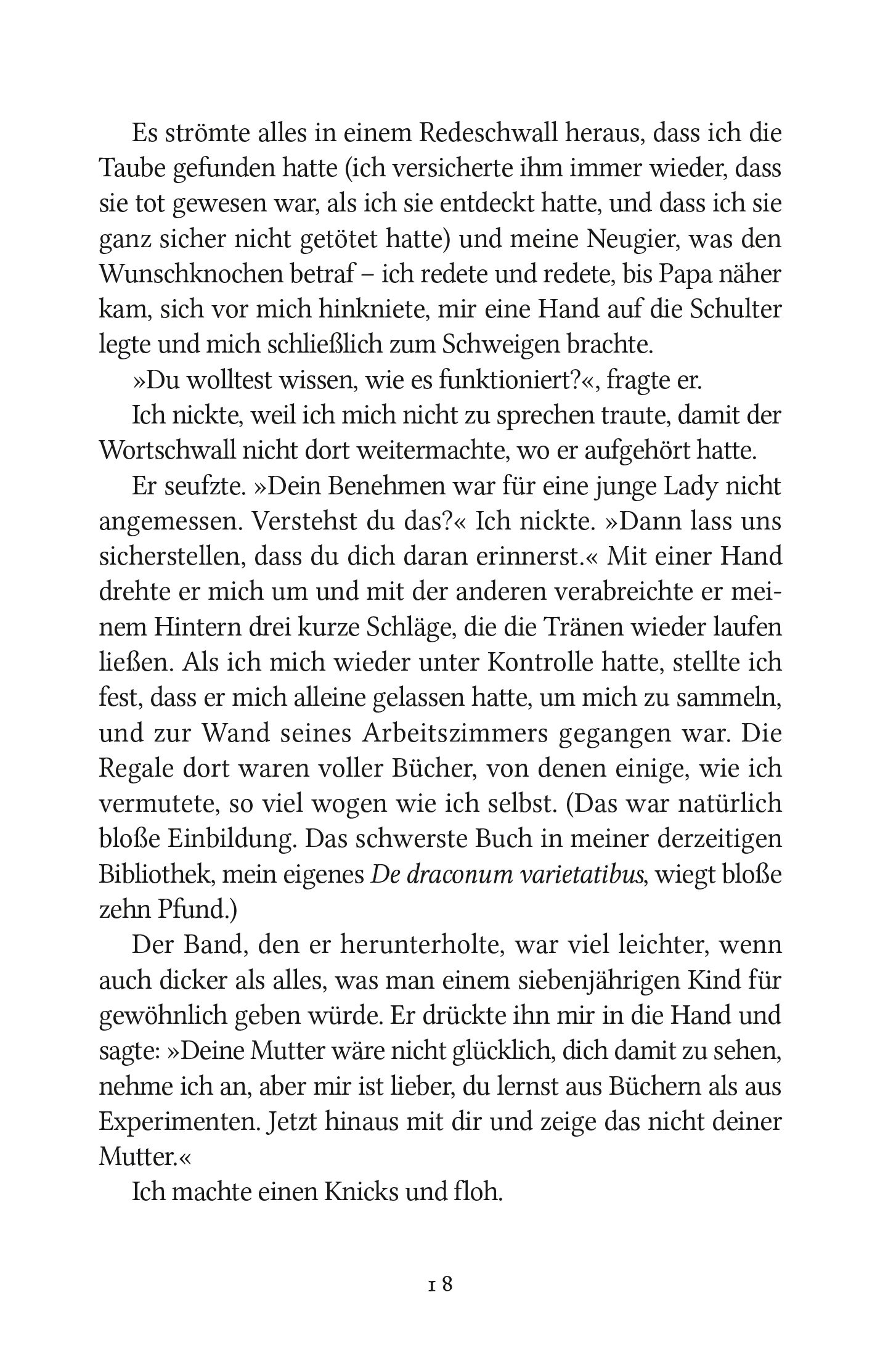 Buchtext, Roman, Seitenzahl 8, Schwaldruck, De Draconum varietatibus
