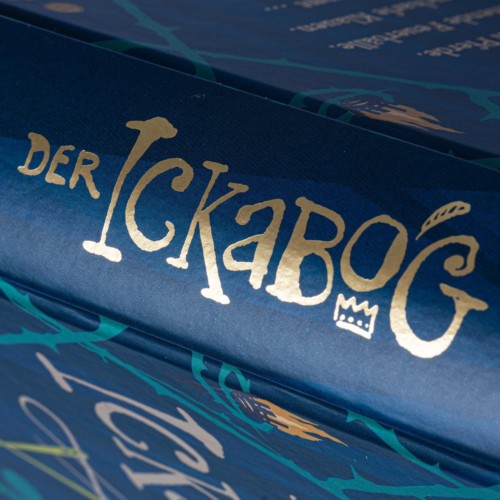 Brettspiel, Verpackung, blaues Kästchen, goldene Beschriftung, der Tick