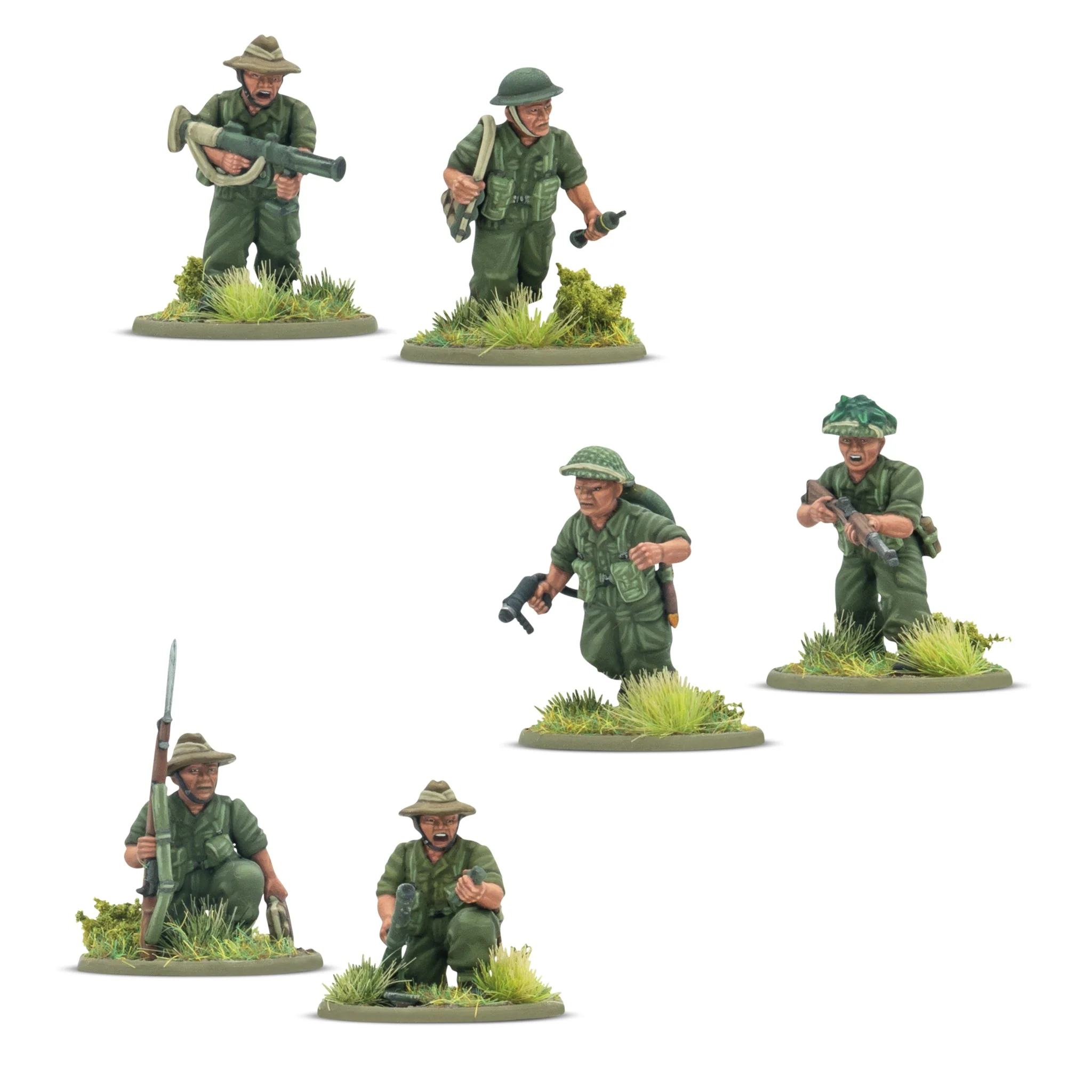 Bolt Action: British - Gurkha infantry platoon Soldier-Figuren, Miniatur-Soldaten, Grüne Uniform, Gewehr, Grasfundament