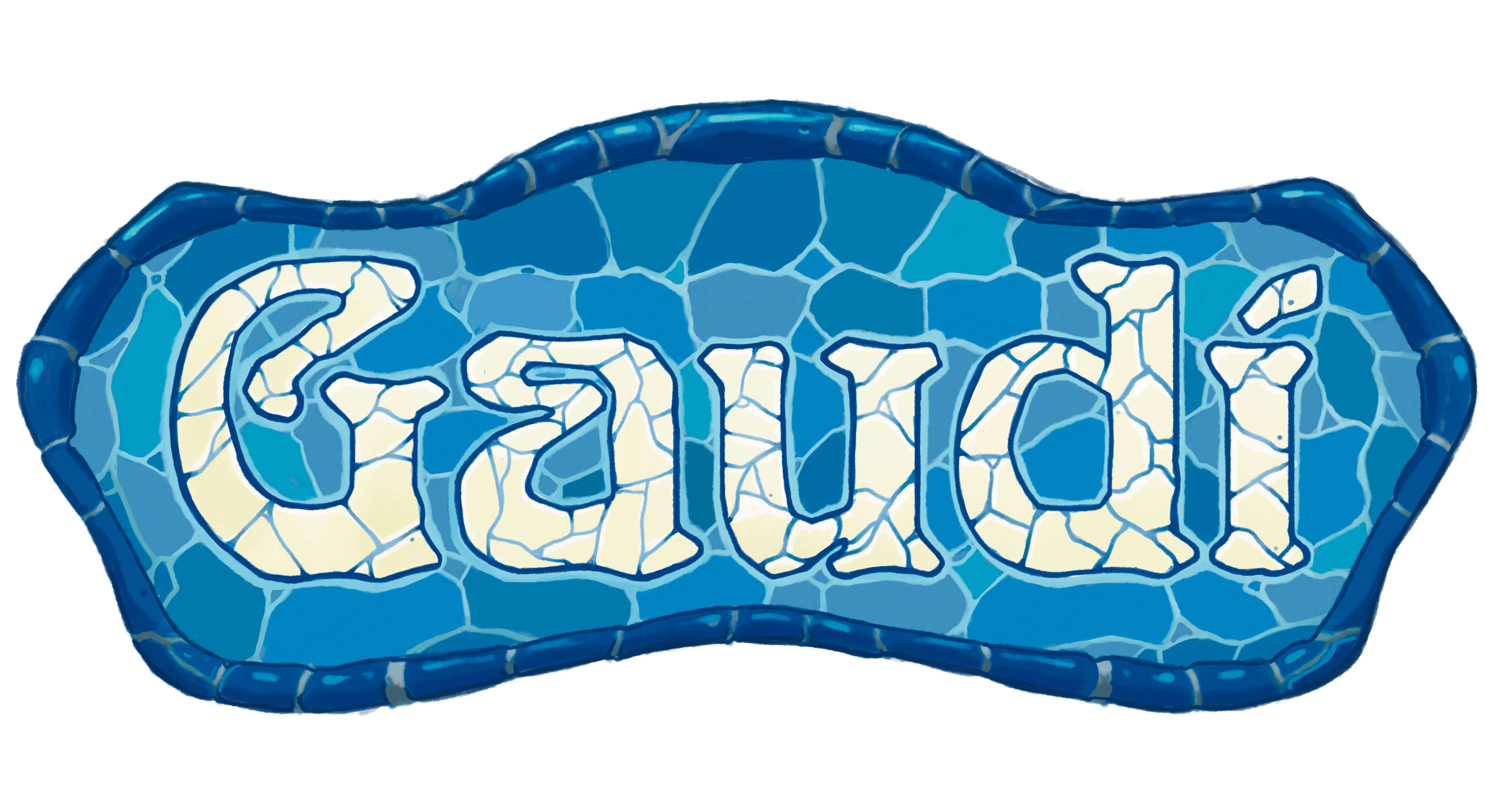 Gaudí Logo-Design, Schriftzug, Blaue Grafik, Mosaikmuster, Fantasy-Design