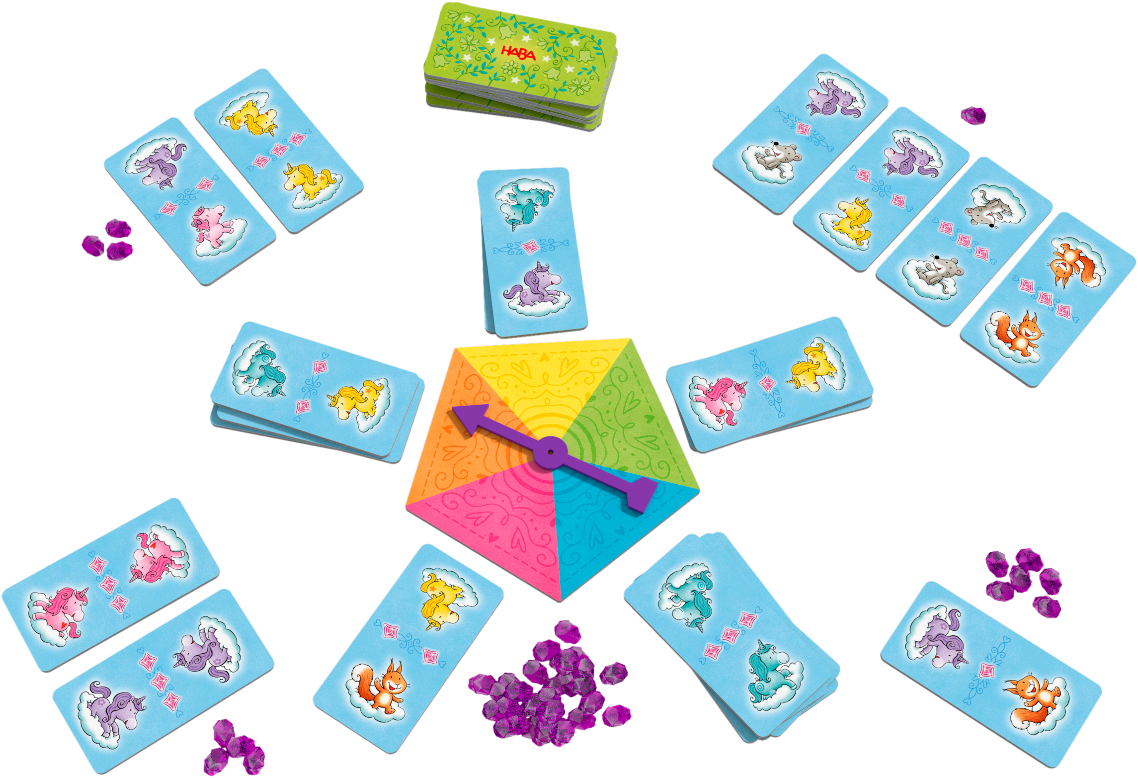 Einhorn Glitzerglück-Spielesammlung Kartenspiel, Zaubersprüche, dreieckiges Spielbrett, lila Uhrzeiger, mehrfarbiges Spielbrett