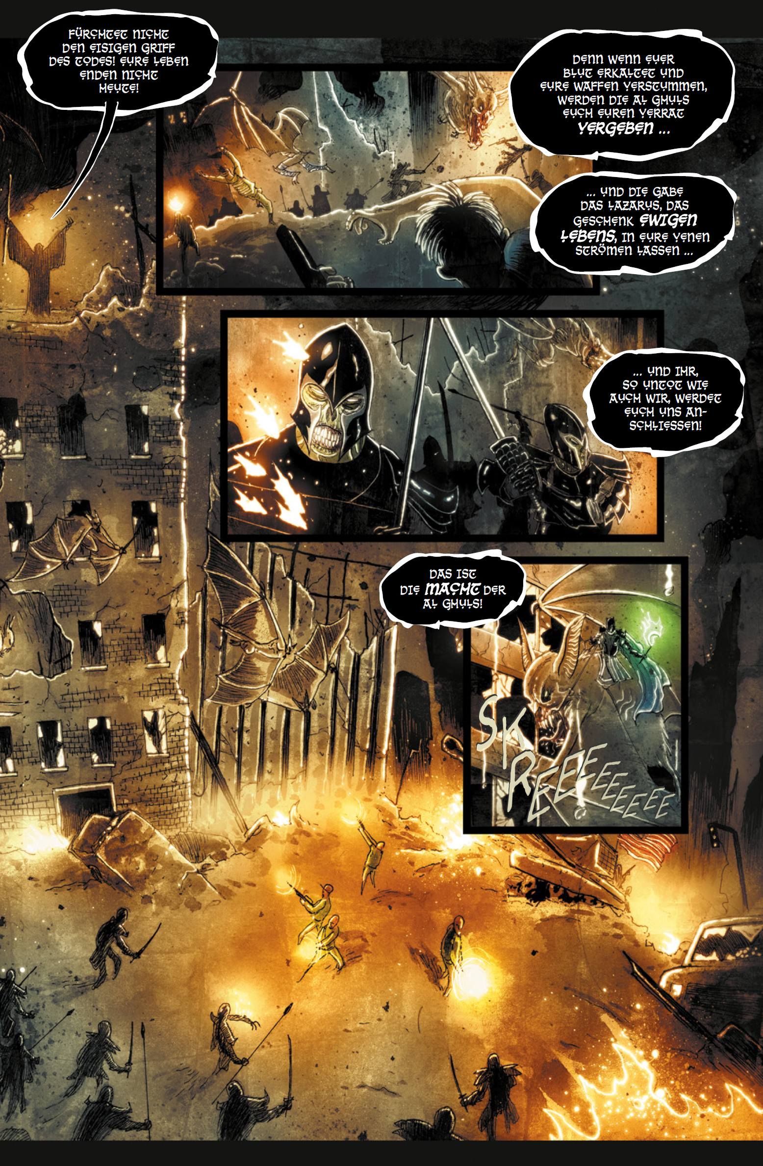 Kriegszene, Ruinen, Feuer, Schwertkämpfer, Comic Panels