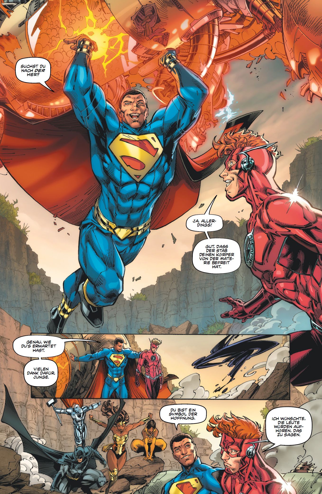 Flash Forward: Wally Wests Rückkehr Superman, blauer Anzug, Umhang, Abzeichen, Comic Panel