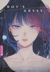 Boy's Abyss Bd.14 Illustration, Mädchen im Anime-Stil, blaue Haare, rosa Hintergrund, Quadratrahmen