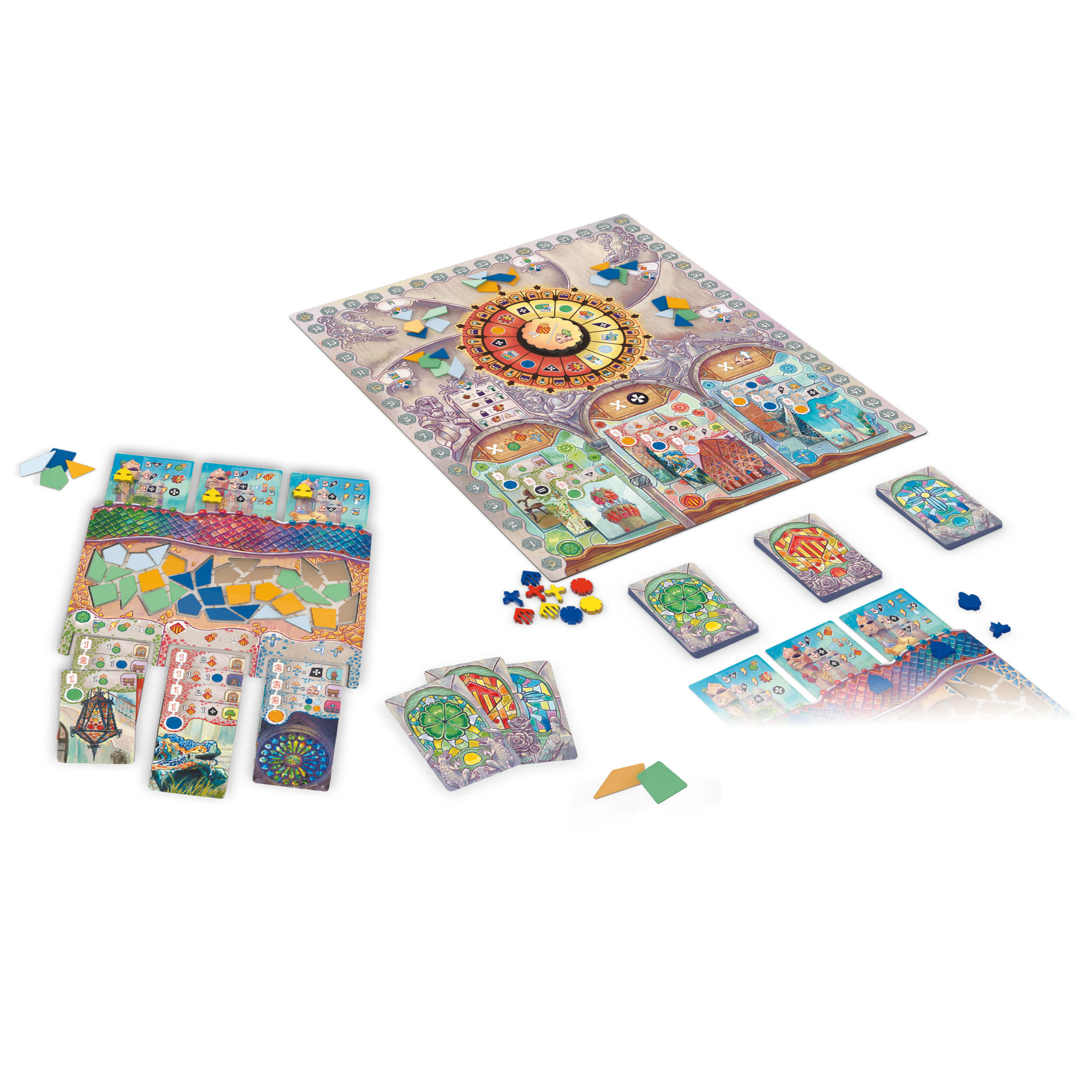 Gaudí Brettspiel, Spielbrett, Spielkarten, Farbige Spielsteine, Orientalisches Muster