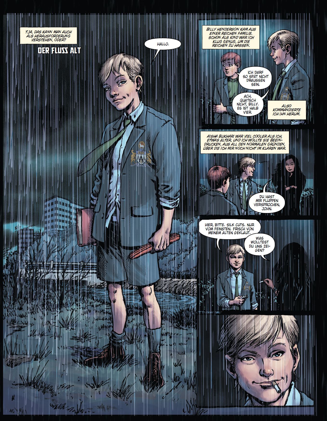 Schuluniform, Jacke, Kniehohe Stiefel, Regenschauer, Comic Panel