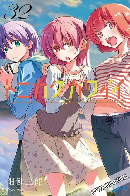 anime, manga, cover art, three girls, sunset beach