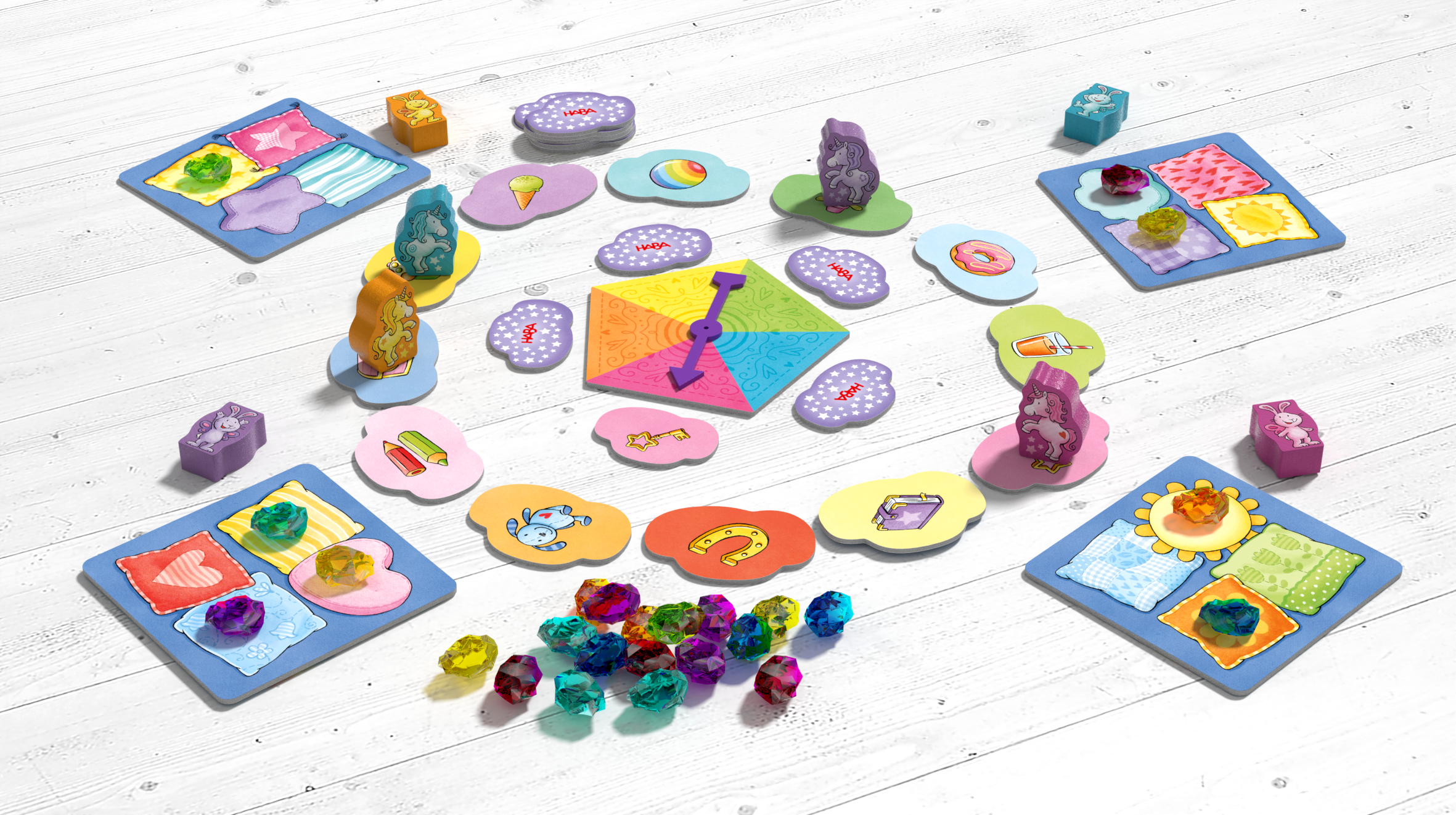 brettspiel, unicorn, bunt, würfel, edelsteine