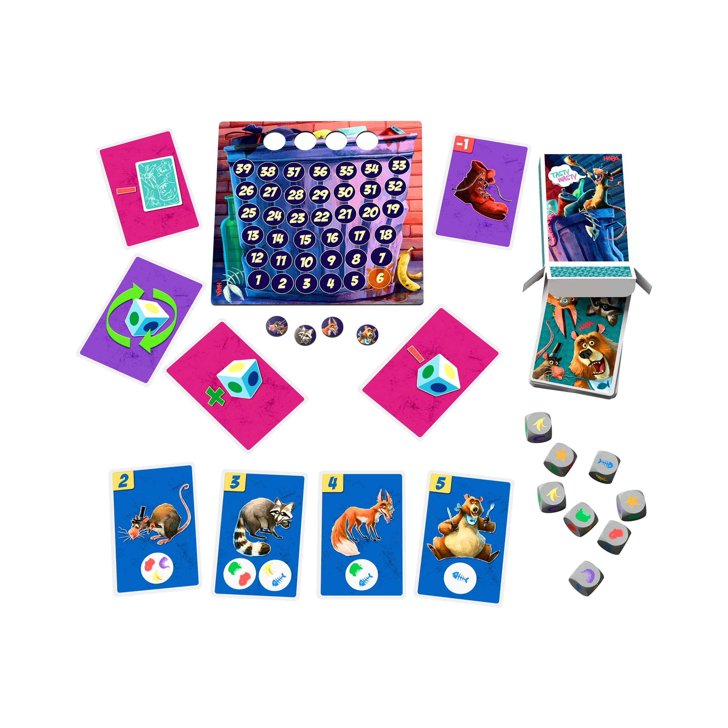 Tasty Wasty soccerboard game, board game, cards, dice, tokens