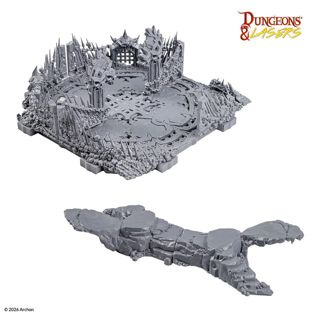 Dungeon-Gelände, Tabletop-Spielfeld, graues Kunststoffmodell, Stachelwände, modulares Gelände