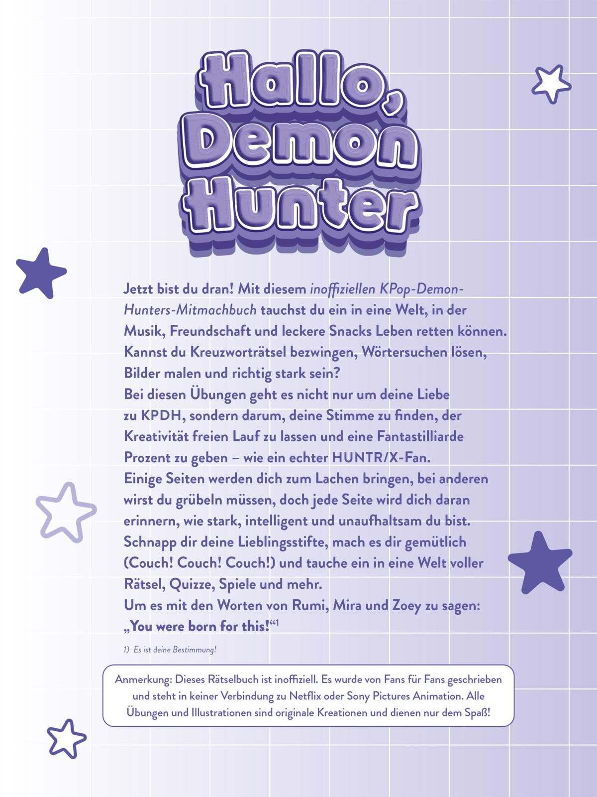 Kpop-Demon Hunter, Rätselbuch, Hellerlila, Sterne, Wörterrätsel