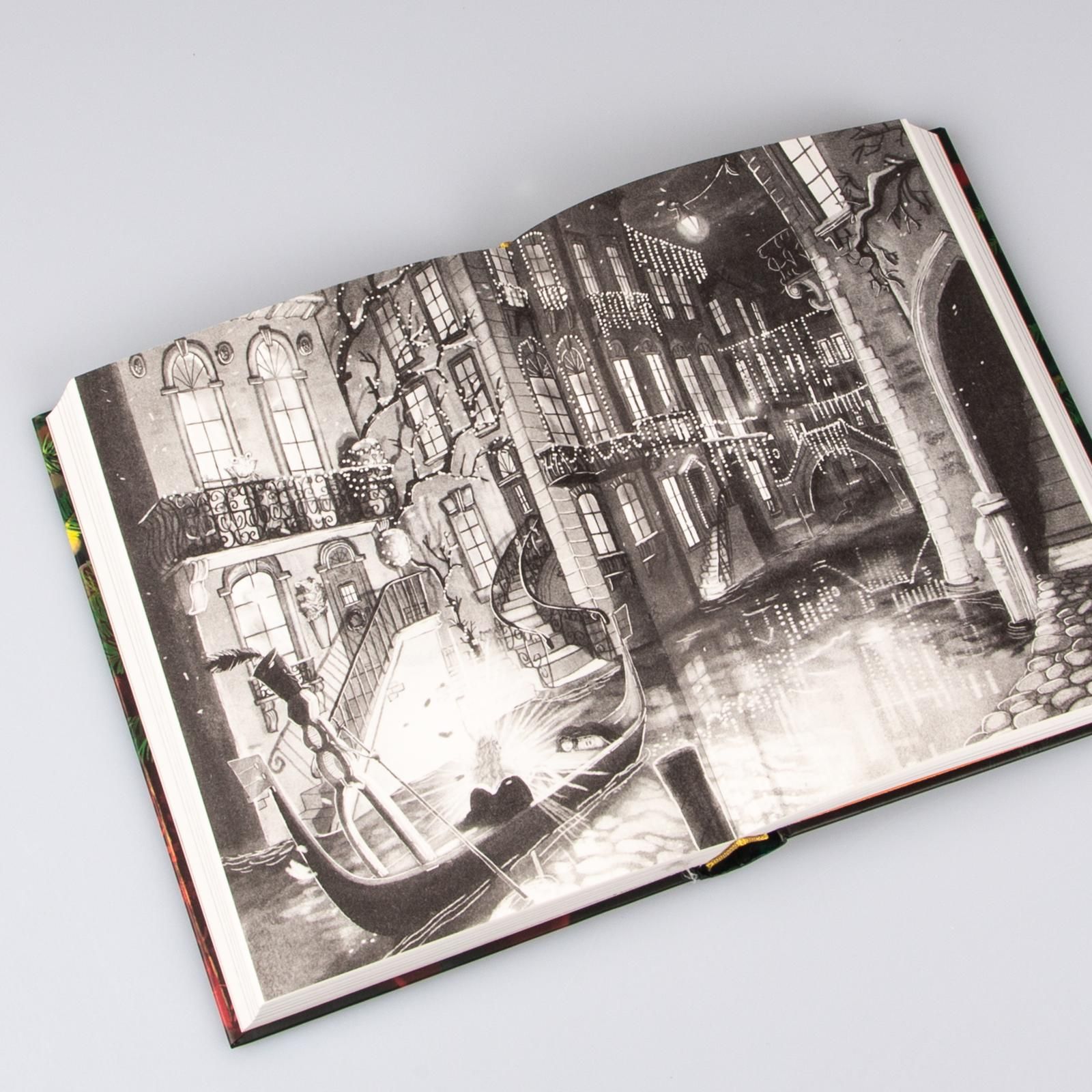 Buch, Schwarz-Weiß Illustration, Stadtansicht, Gondel, Lichterketten
