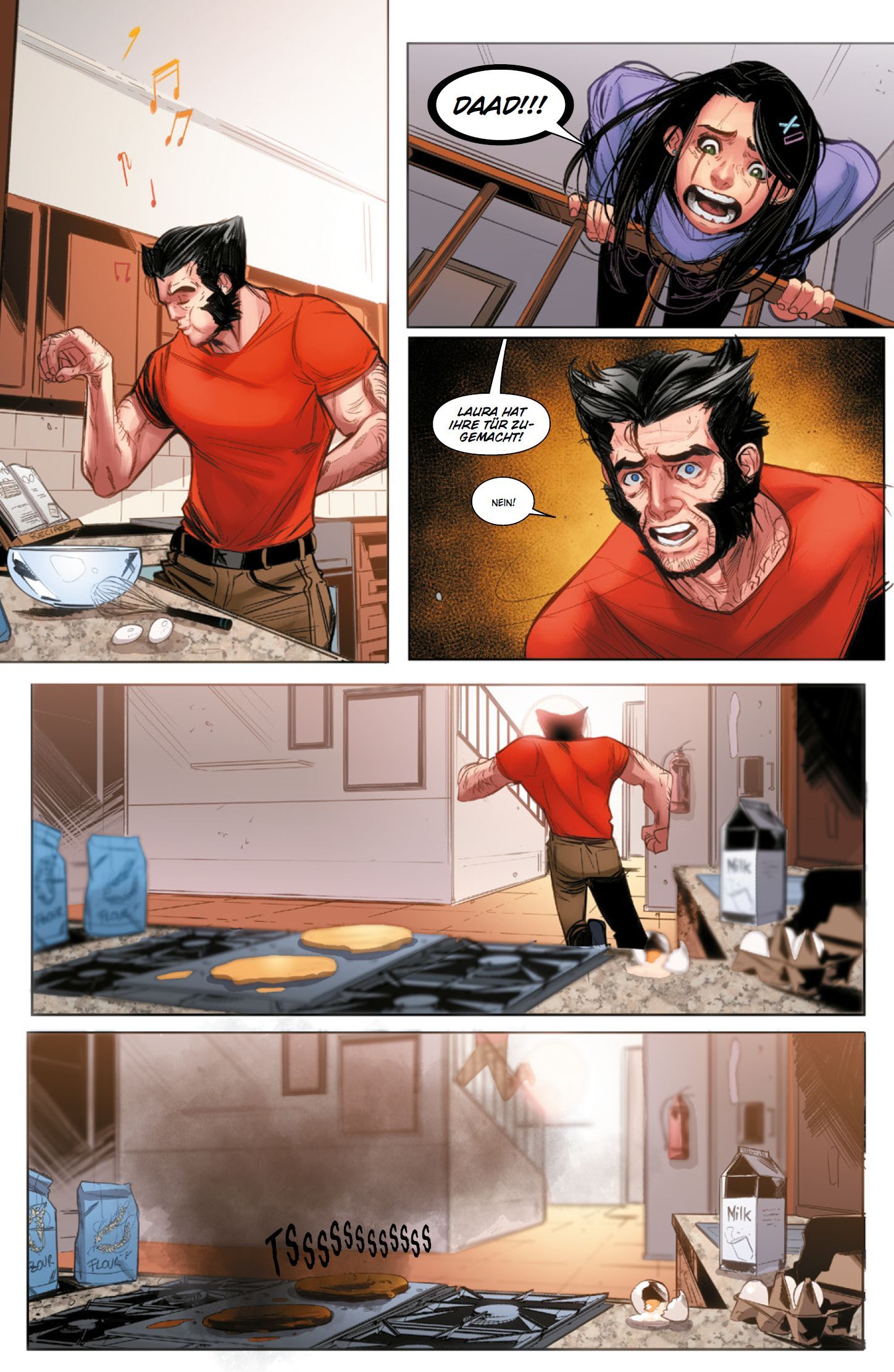Männerfigur, Küche, Backen, Flammen, Comic