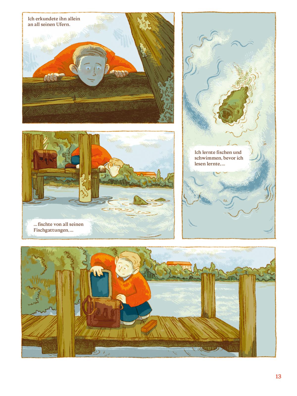 Siehst du es? Grafische Erzählungen über Siegfried Lenz Kiosk, Fischfang, Angeln, Holzsteg, Koffer