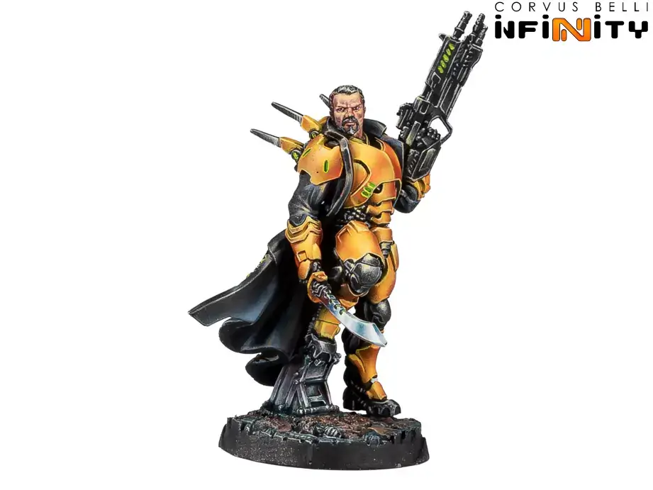Infinity: Yu Jing - Sun Tze (Thunderbolt, Light Shotgun) action figure, hero, orange armor, cape, armor suit