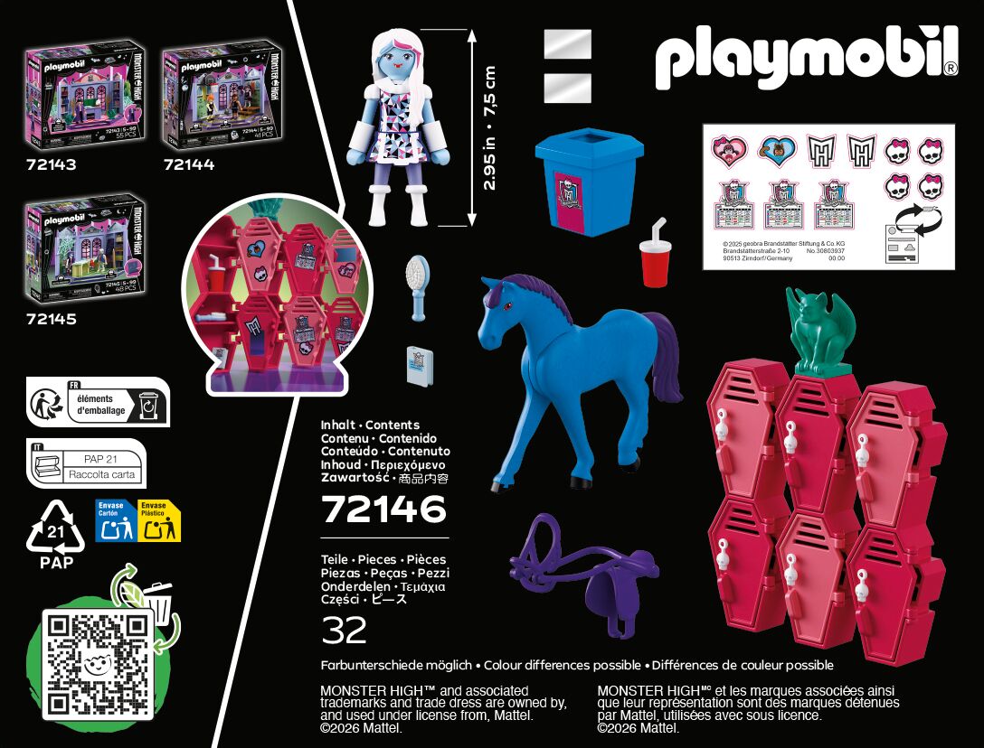 Playmobil: Monster High - Abbey bei den Spinden Puppenfigur, Pony, Miniatur-Spielset, Schuttcontainer, Puppenhaus-Accessoires