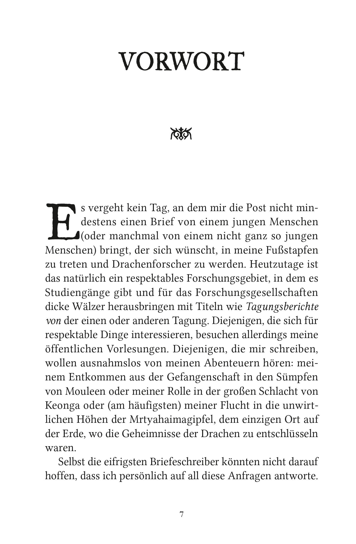 Lady Trents Memoiren Bd.1: Die Naturgeschichte der Drachen Buchseite, Text, Vorwort, Kapitelstart, Seite 7