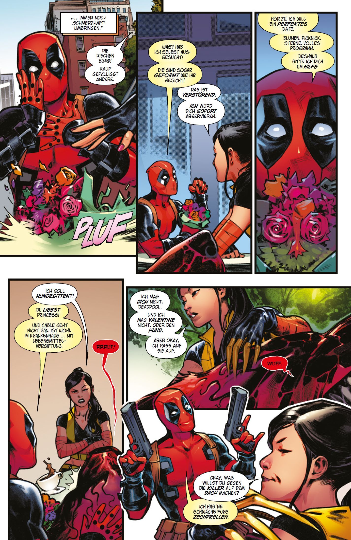 komik, Deadpool, Blume, rote Anzug, Waffen
