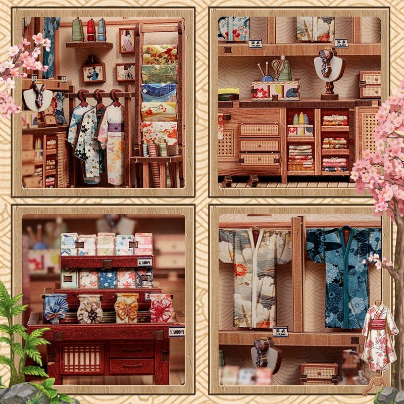 Booknook: Miniature House - Sakura O Kimono Shop Kimono, Kimonofasern, Miniaturenträume, Minikleiderständer, Holzdisplay