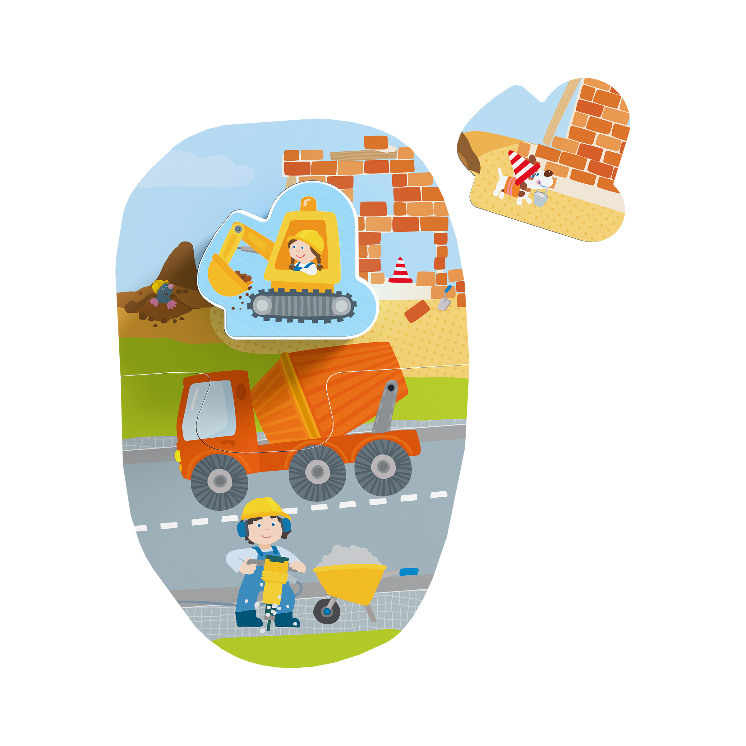 4 Puzzles - Baustelle (mit Holzfigur) Baustelle, Bauarbeiter, Kranbagger, Sattelauflieger, Baustellenwagen