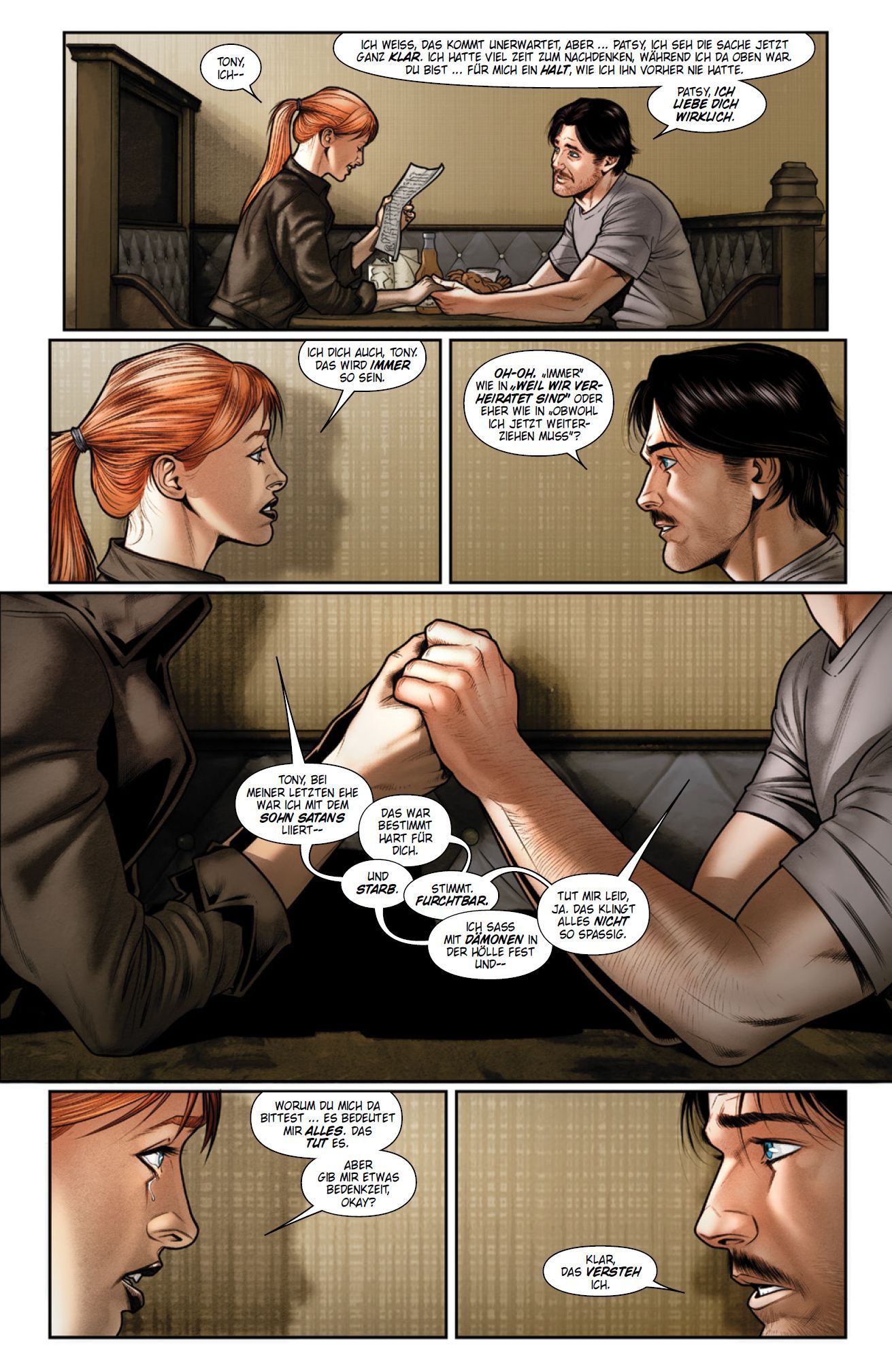 Iron Man: Der Eiserne Bd.4: Am Ende des Weges Comic, Hände gehalten, Dialog, Restaurant, emotionaler Moment