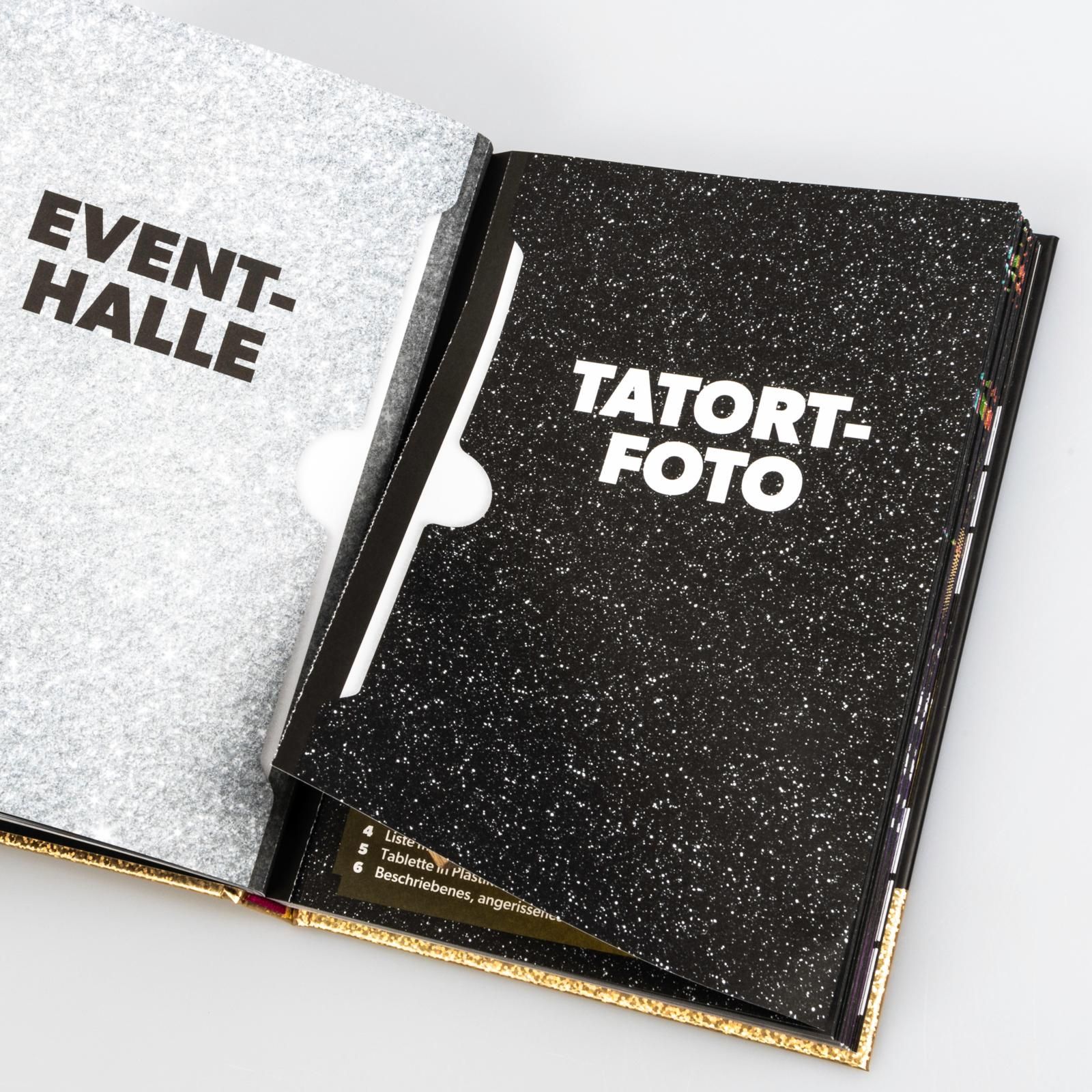 Krimi Dinner: 12 points go to murder! für 6-8 Personen mit Einladungen, Tischkarten uvm. glänzendes Notizbuch, Samtig funkelnde Hülle, schwarzes Notizbuch, Album, Ringordner