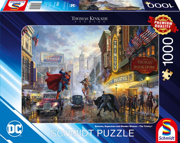 Puzzle: DC - Batman, Superman and Wonder Woman - The Trinity 1 (1000) DC Puzzle, Schmidt Puzzle, Superhero, City Street, Regenschirm