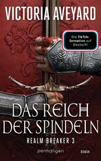 Realm Breaker Bd.3: Das Reich der Spindeln medievales Schwert, Rüstungsgauntlet, zweischneidige Klinge, roter Hintergrund, Fantasy-Waffe
